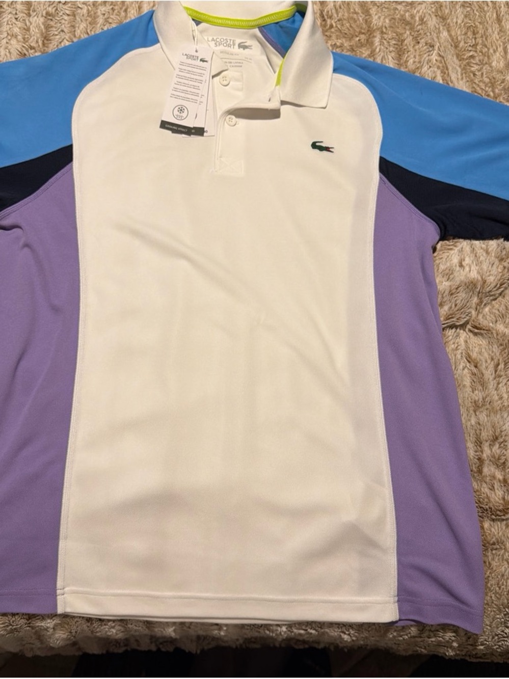 Lacoste Men's White Polo with Blue and Purple Panels